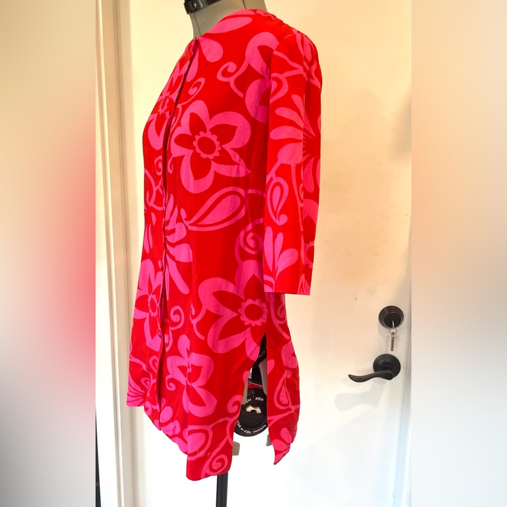 Vintage Liberty House Waikiki Tunic, floral, pink/red, covered buttons, S, GUC - Picture 5 of 9